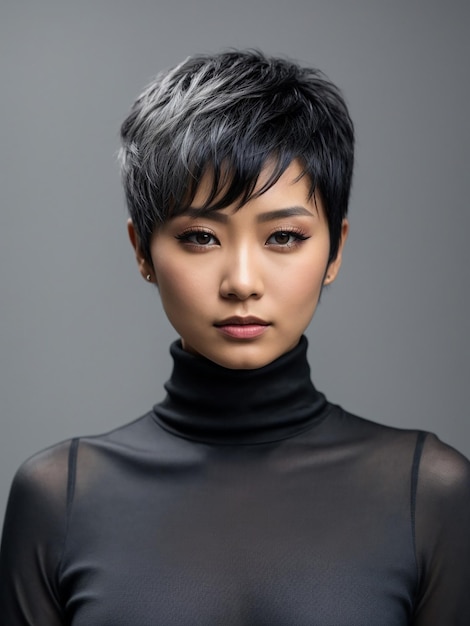 Portrait of a Beautiful Japanese Woman with a Pixie Cut Wearing a Black Sheer