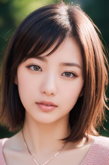 Photo portrait of beautiful japanese women in asymmetric angled bob in rose gold adds a burst of color whe