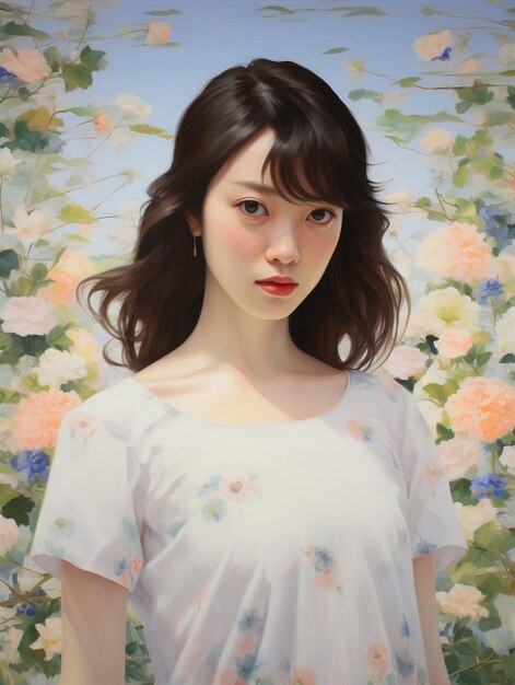 Portrait of beautiful Japanese women wearing white sundress with flower background