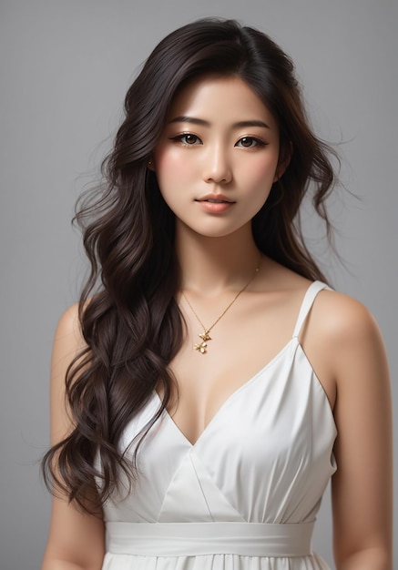 Портрет красивых японских женщин в белых солнечных платьях с твердым фоном