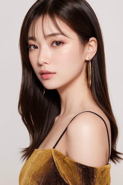 Portrait of beautiful Japanese women with dark bob with crimped texture mustard corduroy top looki