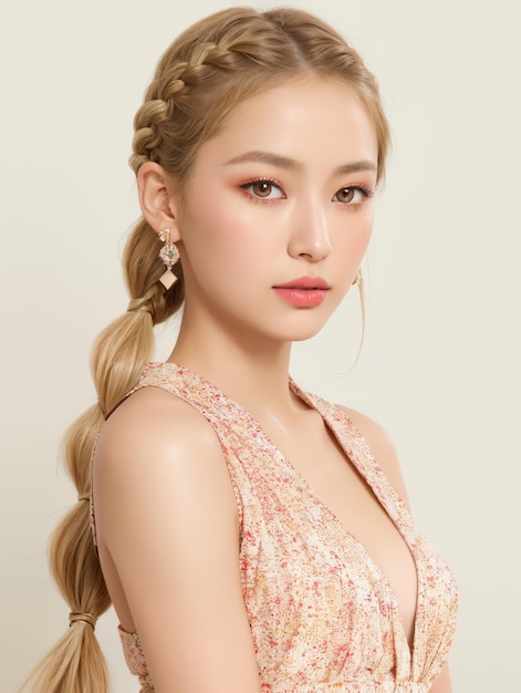 Portrait of beautiful Japanese women with light sand blonde Loose side french braid hair wearing dre