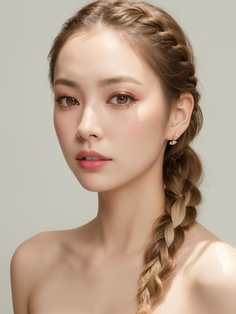 Portrait of beautiful japanese women with light sand blonde loose side french braid hair wearing dre