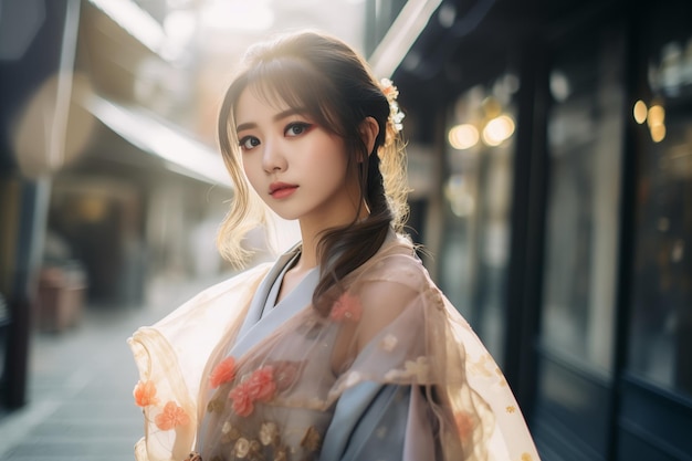 オルガンザのドレスを着た美しい日本の女性の肖像画
