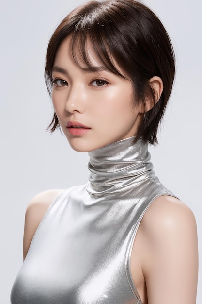 Portrait of beautiful Japanese women with silver pixie cut black see through turtleneck looking so