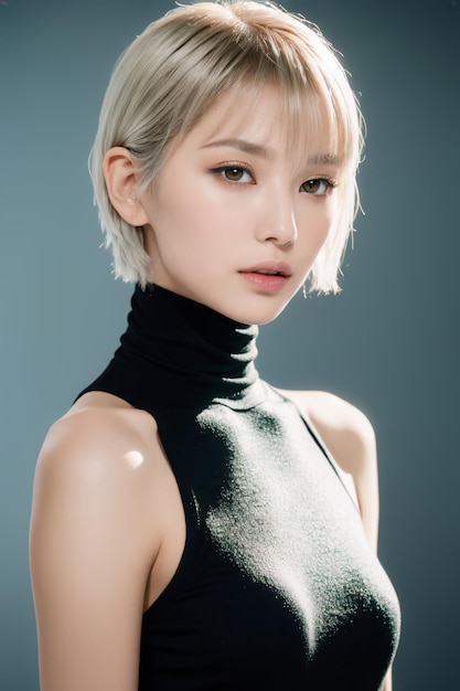 Portrait of beautiful Japanese women with silver pixie cut black see through turtleneck looking so