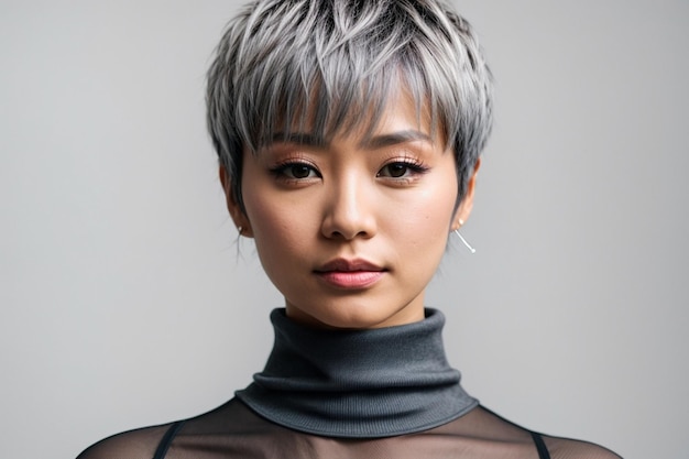 Photo portrait of beautiful japanese women with silver pixie cut black see through turtleneck looking