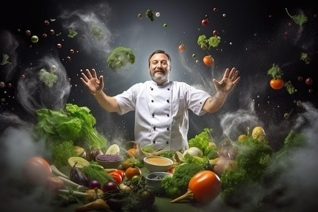 Портрет красивого радостного мужчины в окружении свежих сочных овощей