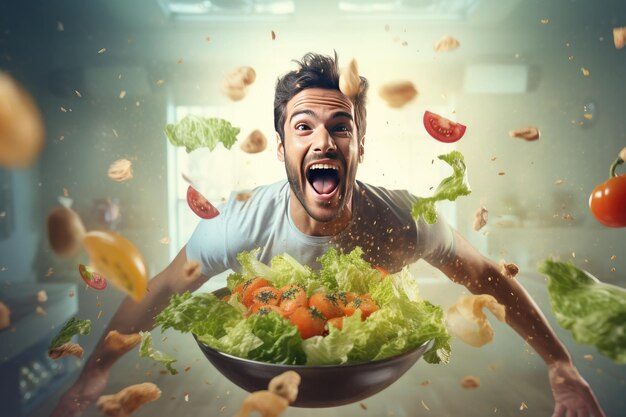 Portrait of a beautiful joyful man surrounded by fresh juicy vegetables