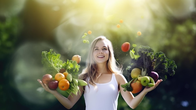 Portrait of a beautiful joyful woman surrounded by fresh juicy vegetables