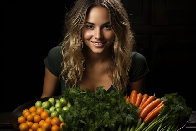 Portrait of a beautiful joyful woman surrounded by fresh juicy vegetables