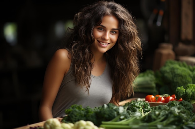 Portrait of a beautiful joyful woman surrounded by fresh juicy vegetables