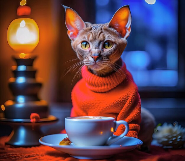 Portrait of a beautiful kitten with a cup of coffee in a Christmas interior