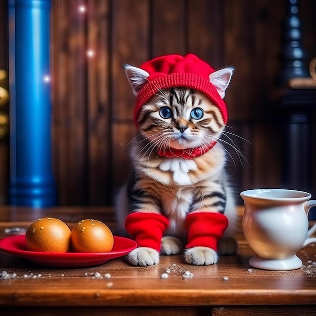 Photo portrait of a beautiful kitten with a cup of coffee in a christmas interior