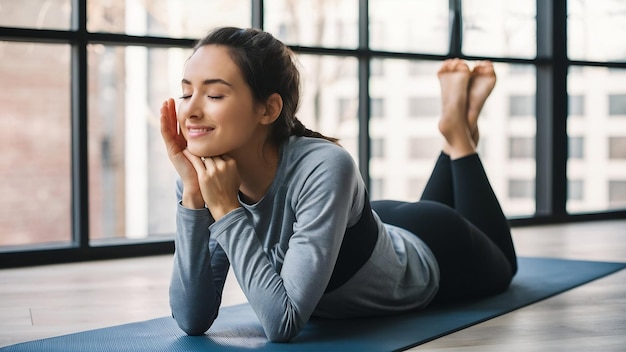 Portrait of beautiful lady in sporty top and leggings lying on yoga mat and dreamily closing her ey