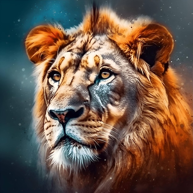 Portrait of a beautiful lion Digital painting Color effect