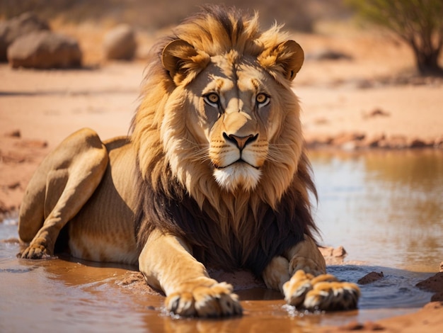 Portrait of a Beautiful lion lion at the waterhole