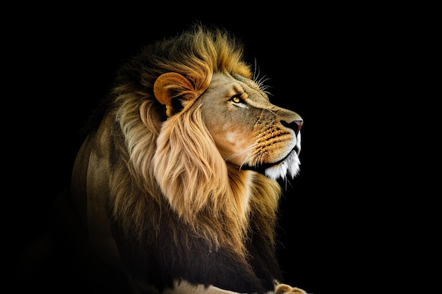 Photo portrait of a beautiful lion with a large mane against a black background shot in profile