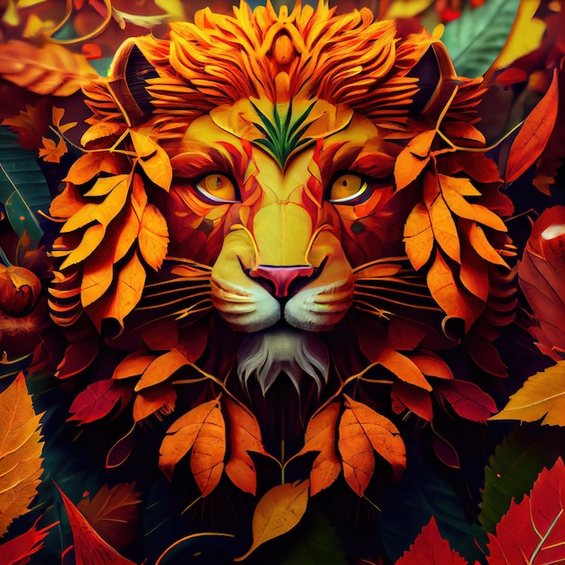 Portrait of a beautiful lion with a red mane surrounded by autumn leaves A lion with a thick mane