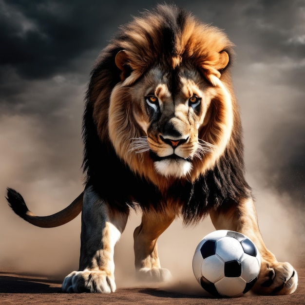 Portrait of a Beautiful lion with soccer ball furious lion in stadium background