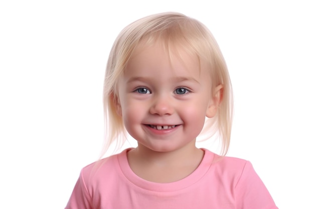 Portrait of a beautiful little blonde girl in a pink sweater happy smiling on a white background generative ai