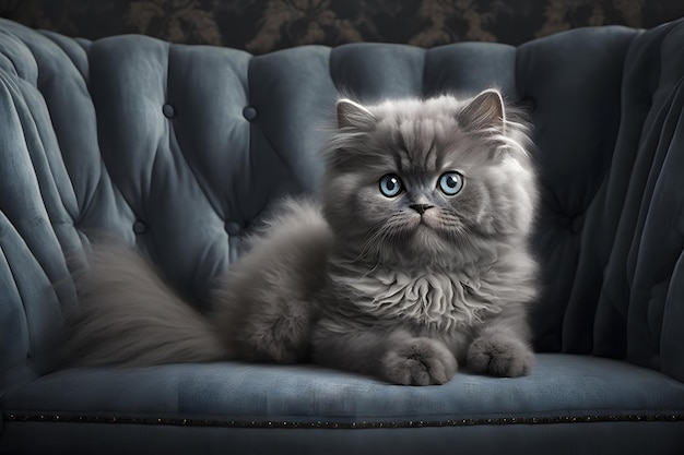 Portrait Beautiful little cat on a grey sofa photography