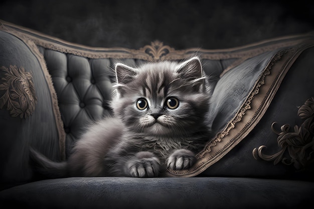 Portrait Beautiful little cat on a grey sofa photography