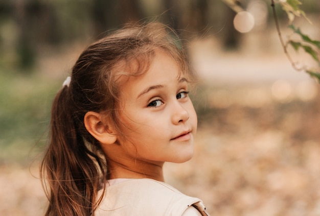 Portrait of a beautiful little girl in the autumn in the park