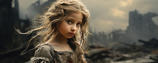 Portrait of a beautiful little girl on the background of ruins