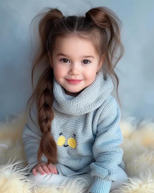 Photo portrait of a beautiful little girl in a blue knitted sweater