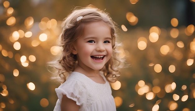 Foto ritratto di una bella ragazzina con un vestito bianco su uno sfondo di luci dorate