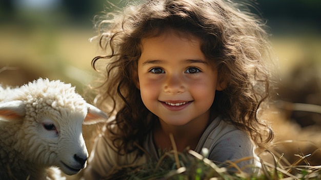 Портрет красивой маленькой девочки со своей собакой в поле.