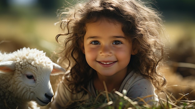 Portrait of a beautiful little girl with her dog in the fieldgenerative ai