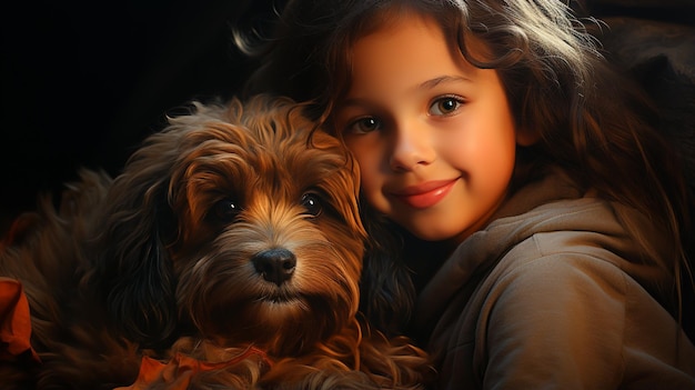 portrait of a beautiful little girl with her dog