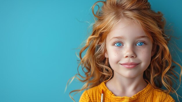 Portrait of a beautiful little girl with red hair on a blue background