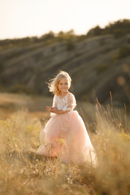 Портрет красивой маленькой принцессы девушки в розовом платье. Позирует в поле на закате