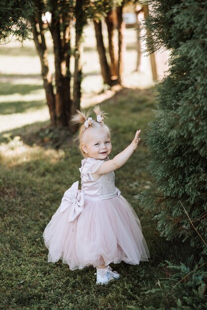 Портрет красивой маленькой принцессы в розовом платье, поставленной в парке на зеленой траве, игривой и счастливой девочкой.