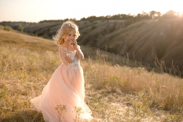 Portrait of a beautiful little princess girl in a pink dress