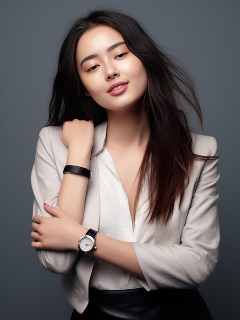 Portrait of beautiful long haired woman in white office jacket posing arms crossed n Generative AI