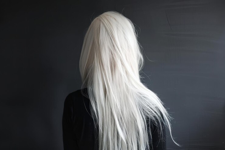 Photo 뒷면에서 보이는 소녀의 아름다운 긴 똑바로 머리카락과  머리카락의 초상화