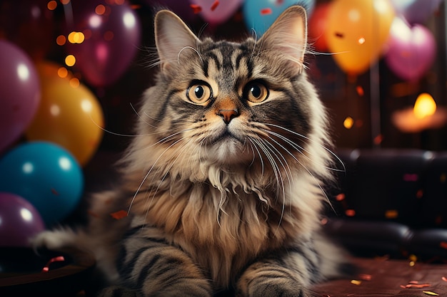Portrait of a beautiful maine coon cat on the background of balloonsgenerative ai