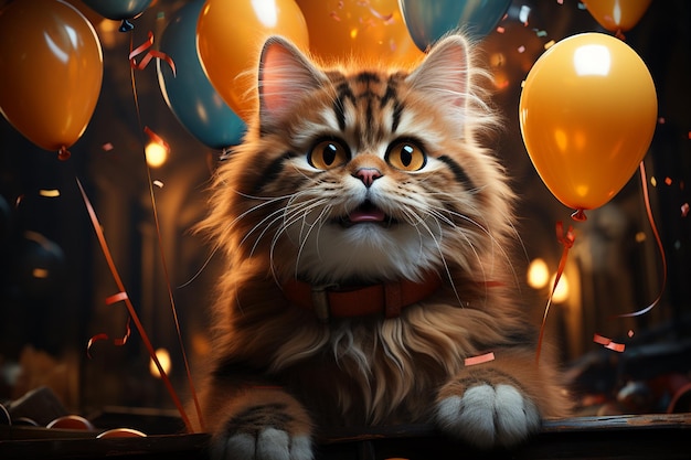 Portrait of a beautiful maine coon cat on the background of balloonsgenerative ai