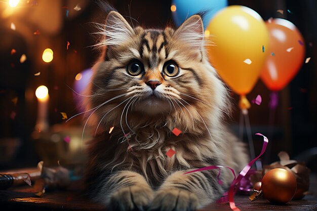 Portrait of a beautiful maine coon cat on the background of balloonsgenerative ai