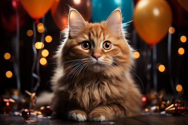 Portrait of a beautiful maine coon cat on the background of balloonsgenerative ai