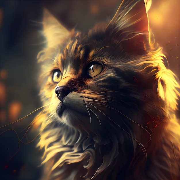 Портрет красивой кошки мейн-кун Цифровая живопись