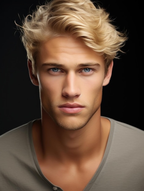 Photo portrait of a beautiful man natural and clean face costemic close up view blond hairs