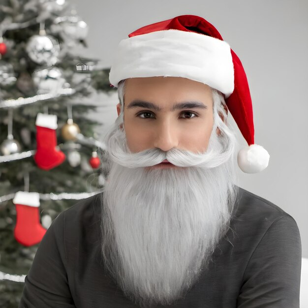 Portrait Of Beautiful Man Wearing Christmas Hat Near Christmas Tree At Modern Home CloseUp Portrait