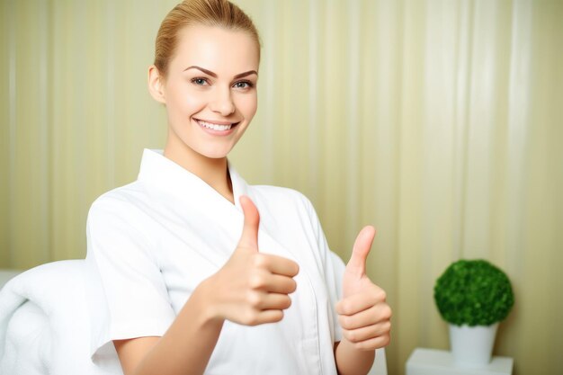 Photo portrait of a beautiful masseuse showing thumbs up created with generative ai