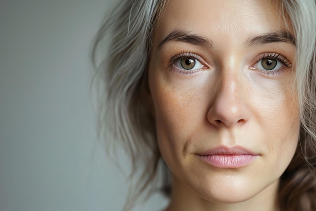 Portrait of beautiful mature woman against grey background with space for text