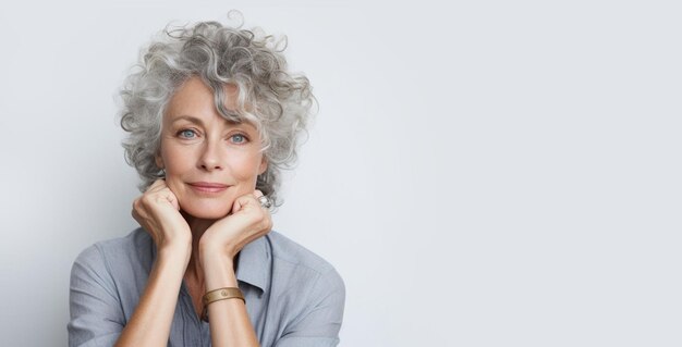 Portrait of a beautiful mature woman with curly grey hair and blue eyes Anti aging cosmetics